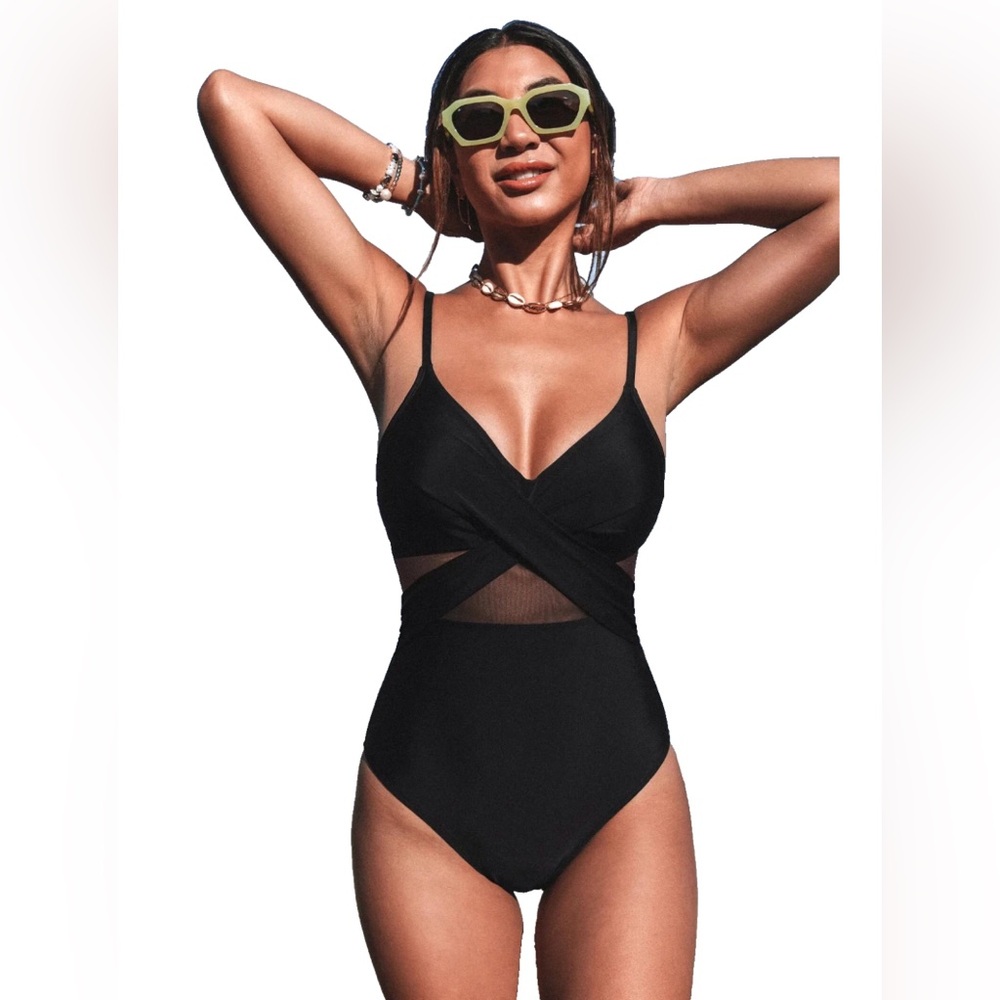 Black One Piece Swimsuit Mesh Wrap Front Cutout M Tummy Control Coastal Cowgirl